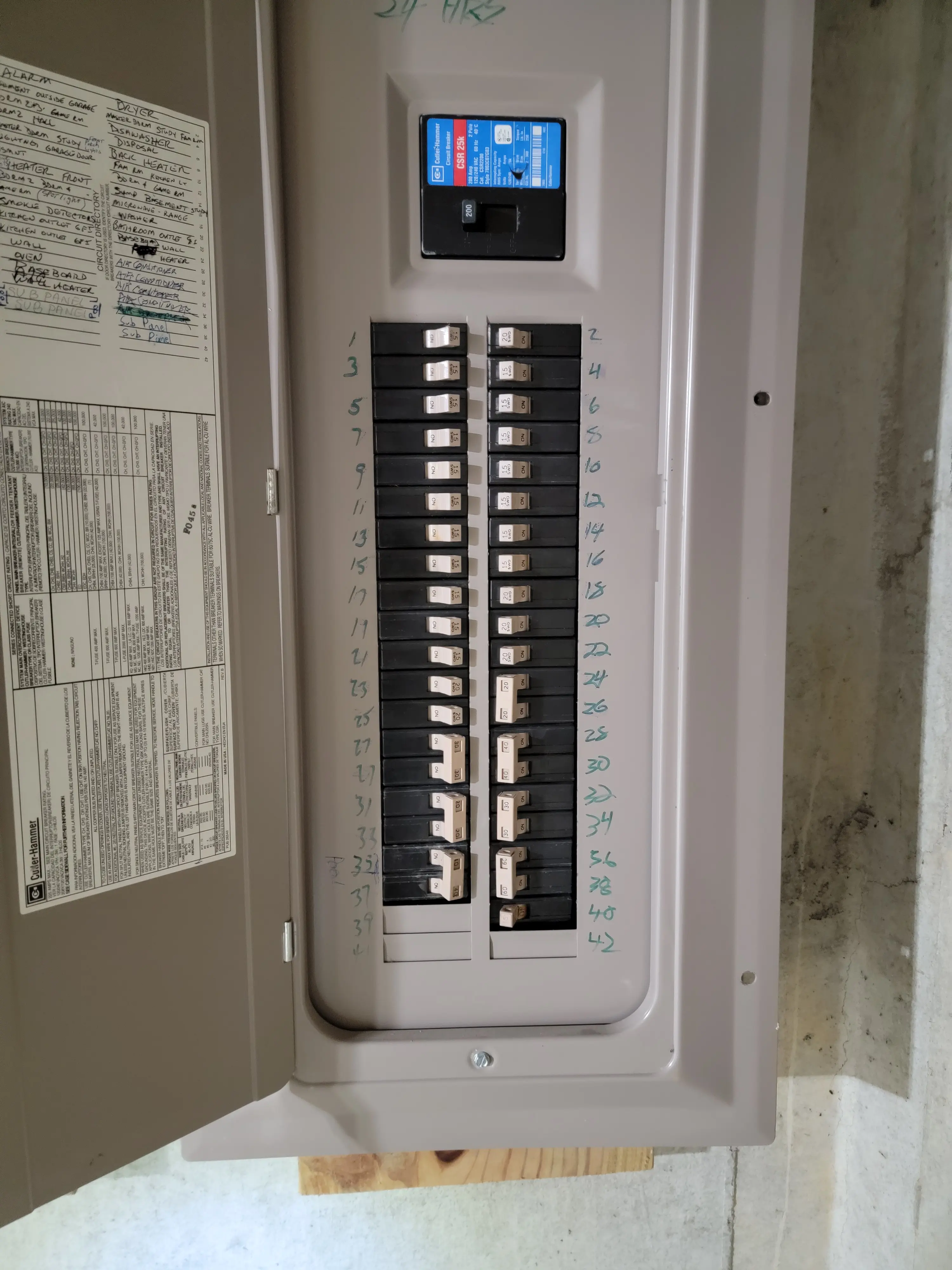 Indoor residential electrical panel with the cover open, showing breakers and a circuit directory